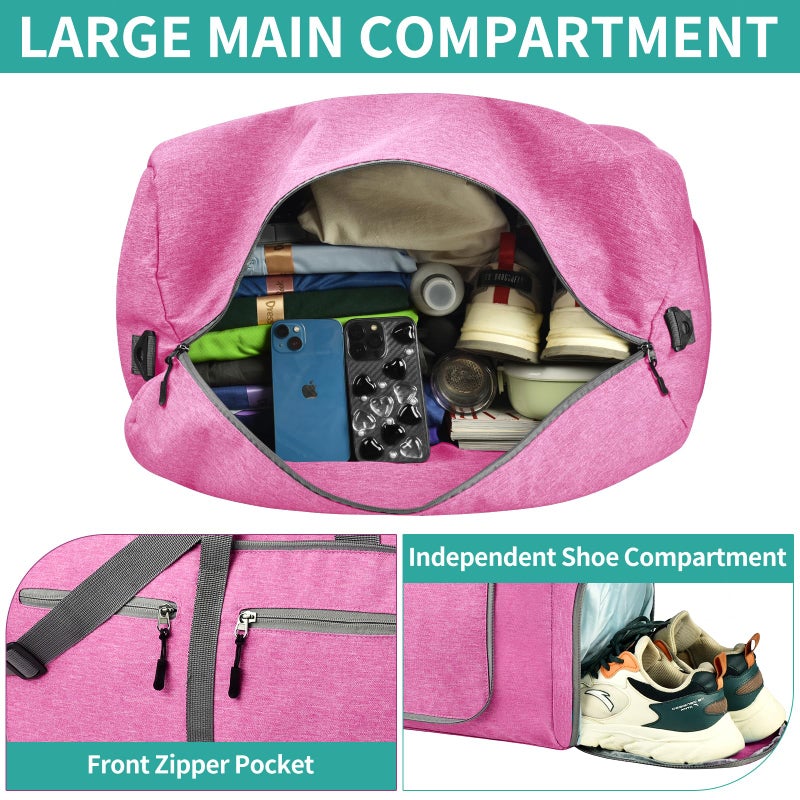 Dimayar 65L Travel Duffle Bag for Men Women - Foldable Duffel Bag with Shoes Compartment - Overnight Bags Waterproof & Tear Resistant(Rouge Pink) - Image 4